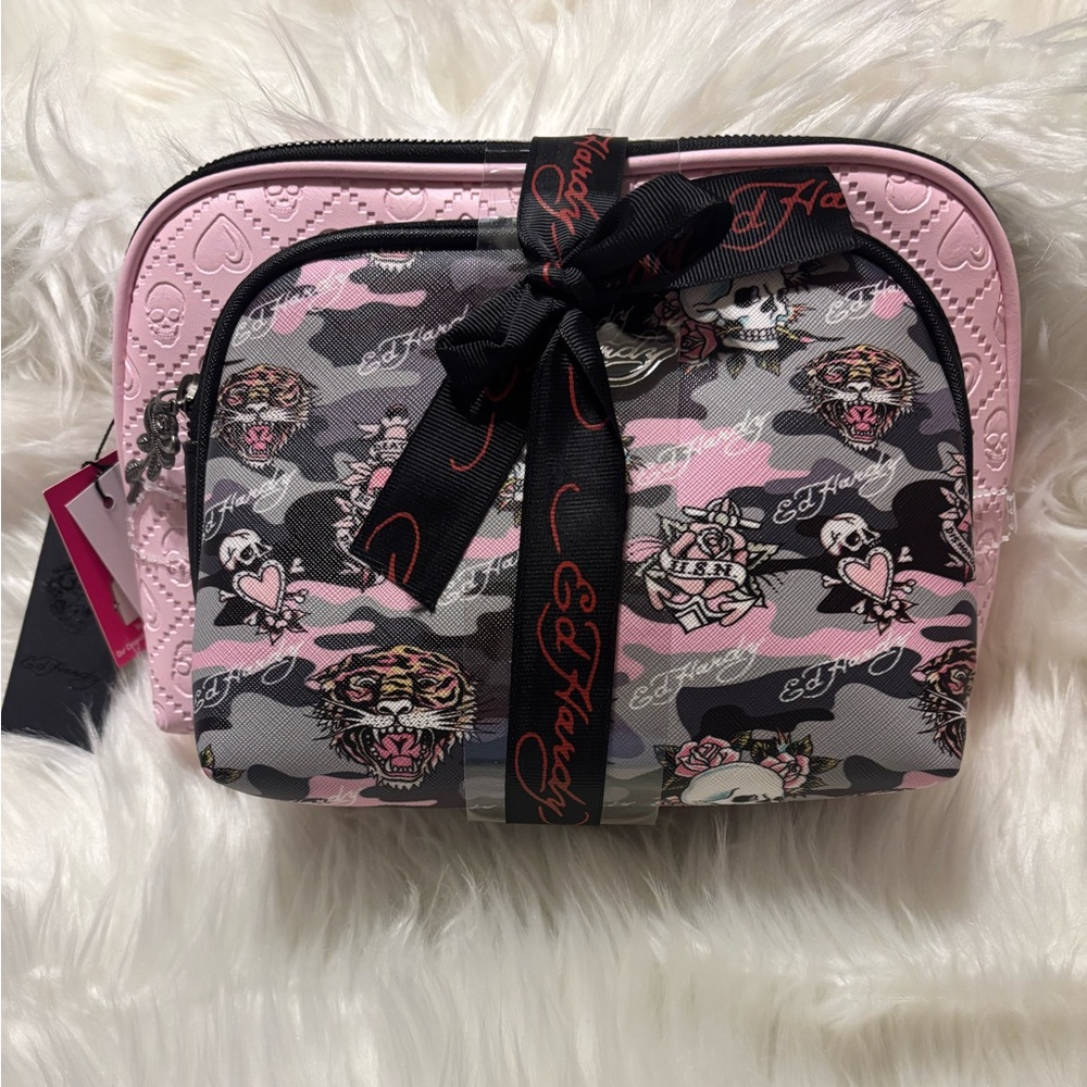 Ed Hardy Pink and Gray Cosmetic Bag 2pc Set